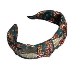 Teal Paisley Twisted Knot Headband Silver Feather Charm Western Fabric